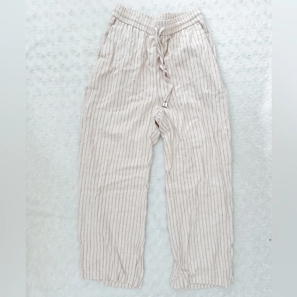 ZARA Pinkish Beige Pin Stripe Pull On Linen Pants